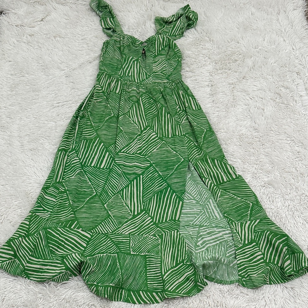 Green Patterned Midi Dress - Sleeveless Ruffle Straps